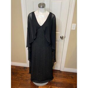St. John Black Wool Sequin Crepe Cape Evening Gown $1600 Size 6